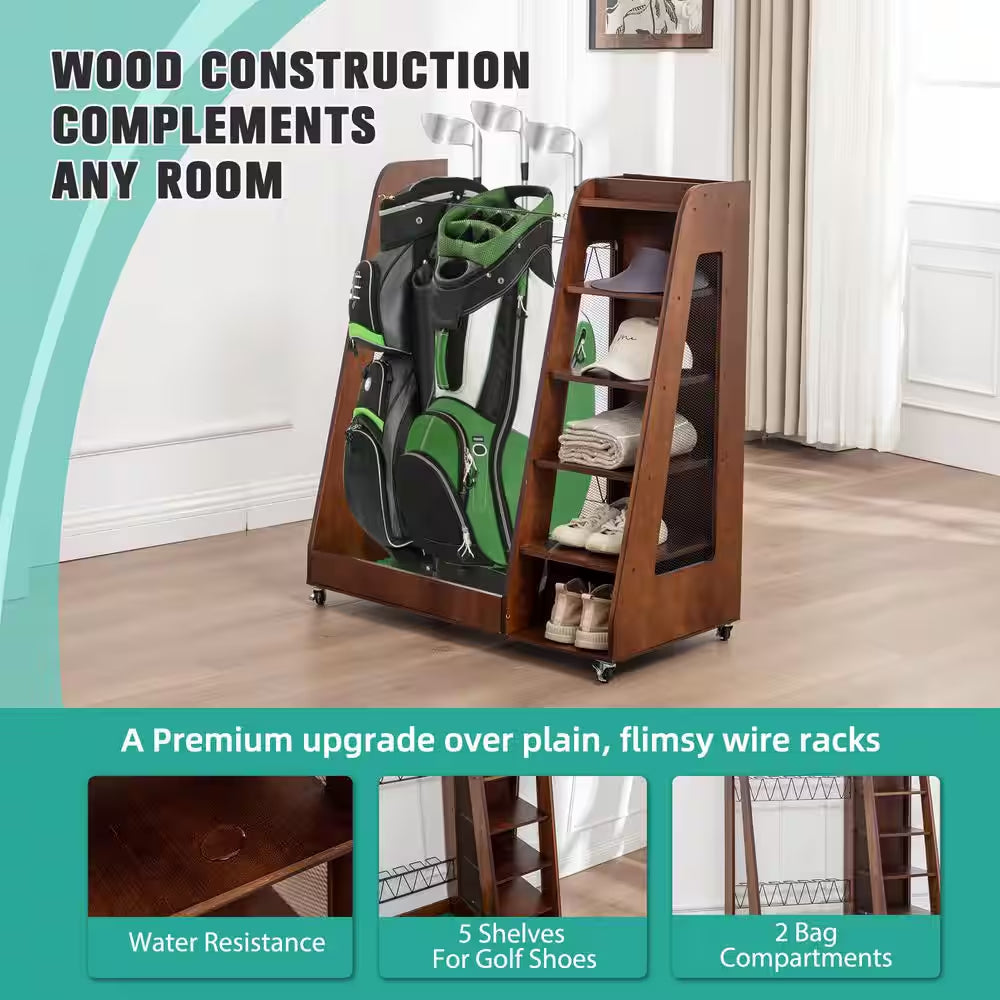 Odette Premium Brown Wood 2-Golf Bag Storage Organizer