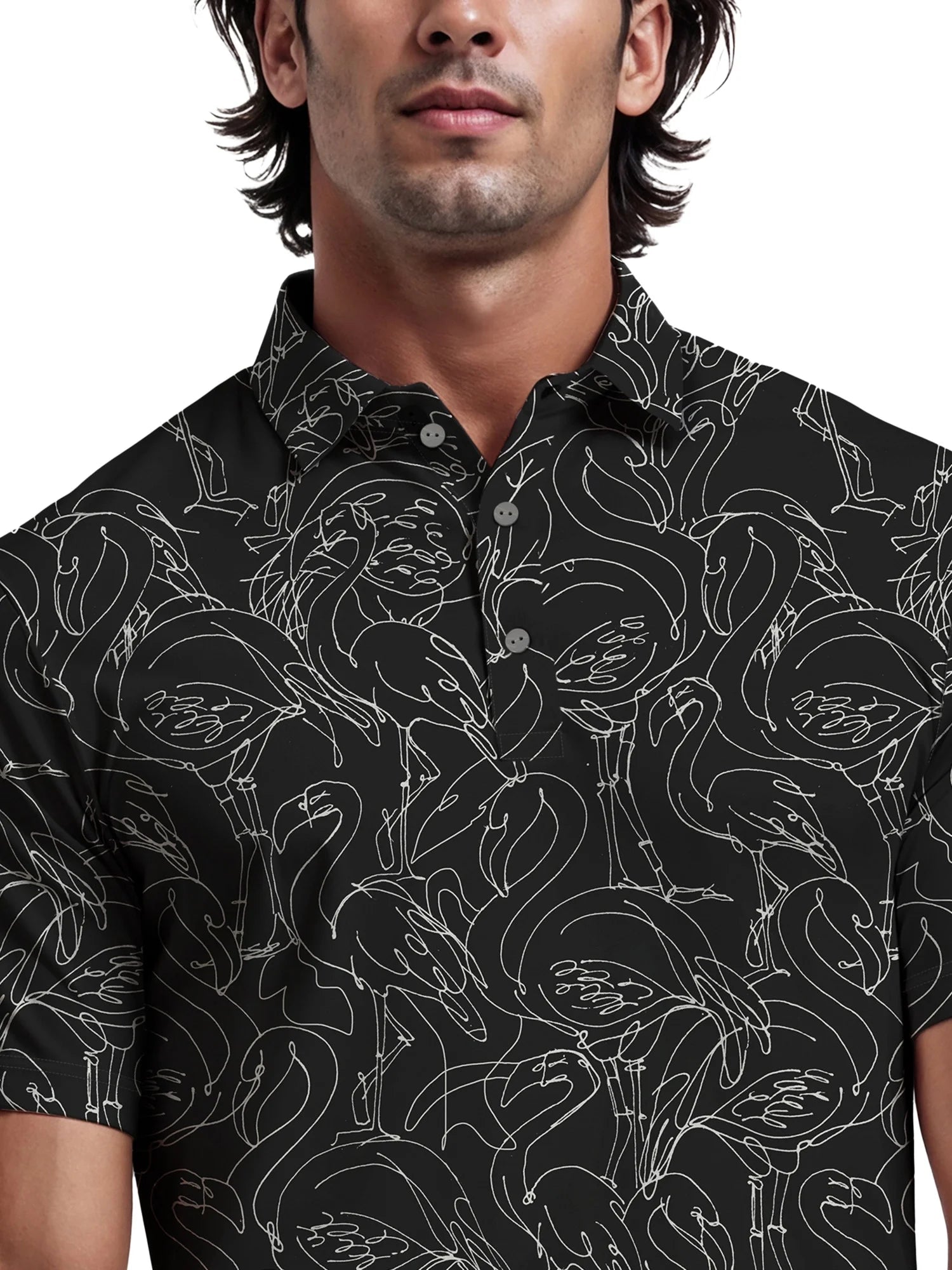 Men's  Linear Flamingo Print Short Sleeve Golf Polo Shirt