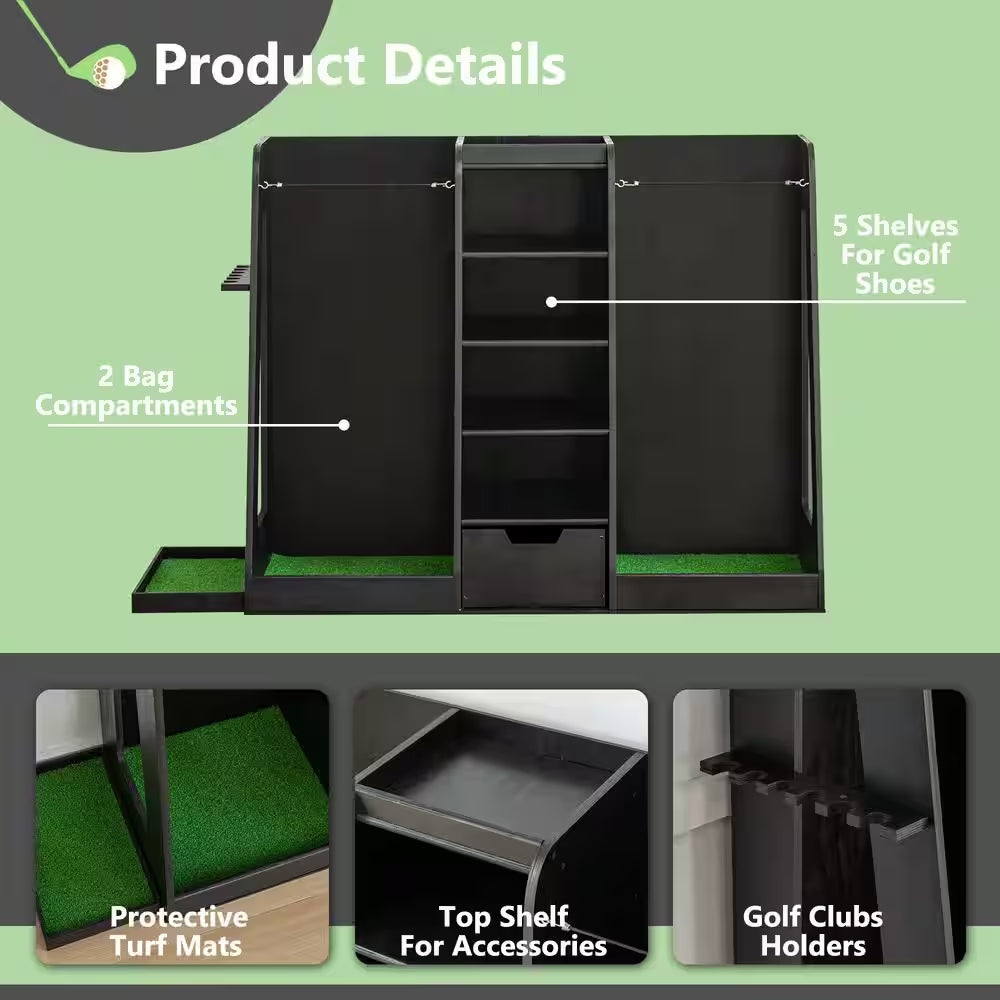 Premium Wooden Golf Bag Organizer, Stylish Golf Storage Rack, Holds 2 Golf Bags, Black