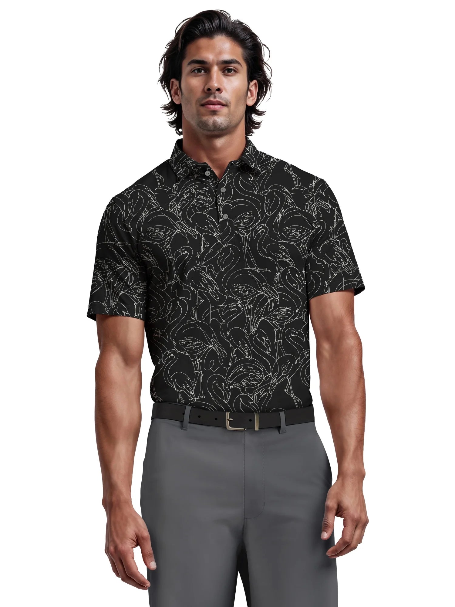 Men's  Linear Flamingo Print Short Sleeve Golf Polo Shirt