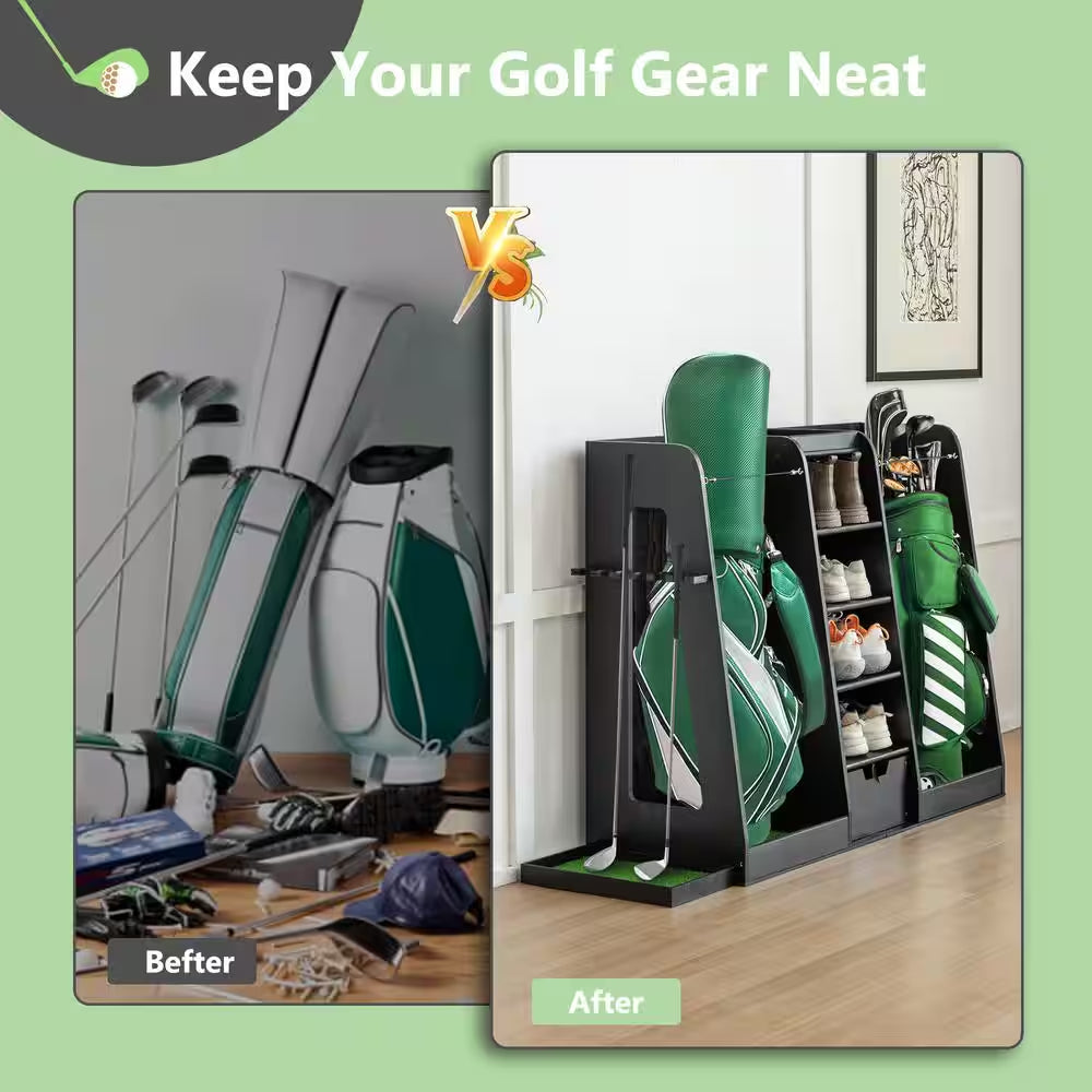 Premium Wooden Golf Bag Organizer, Stylish Golf Storage Rack, Holds 2 Golf Bags, Black