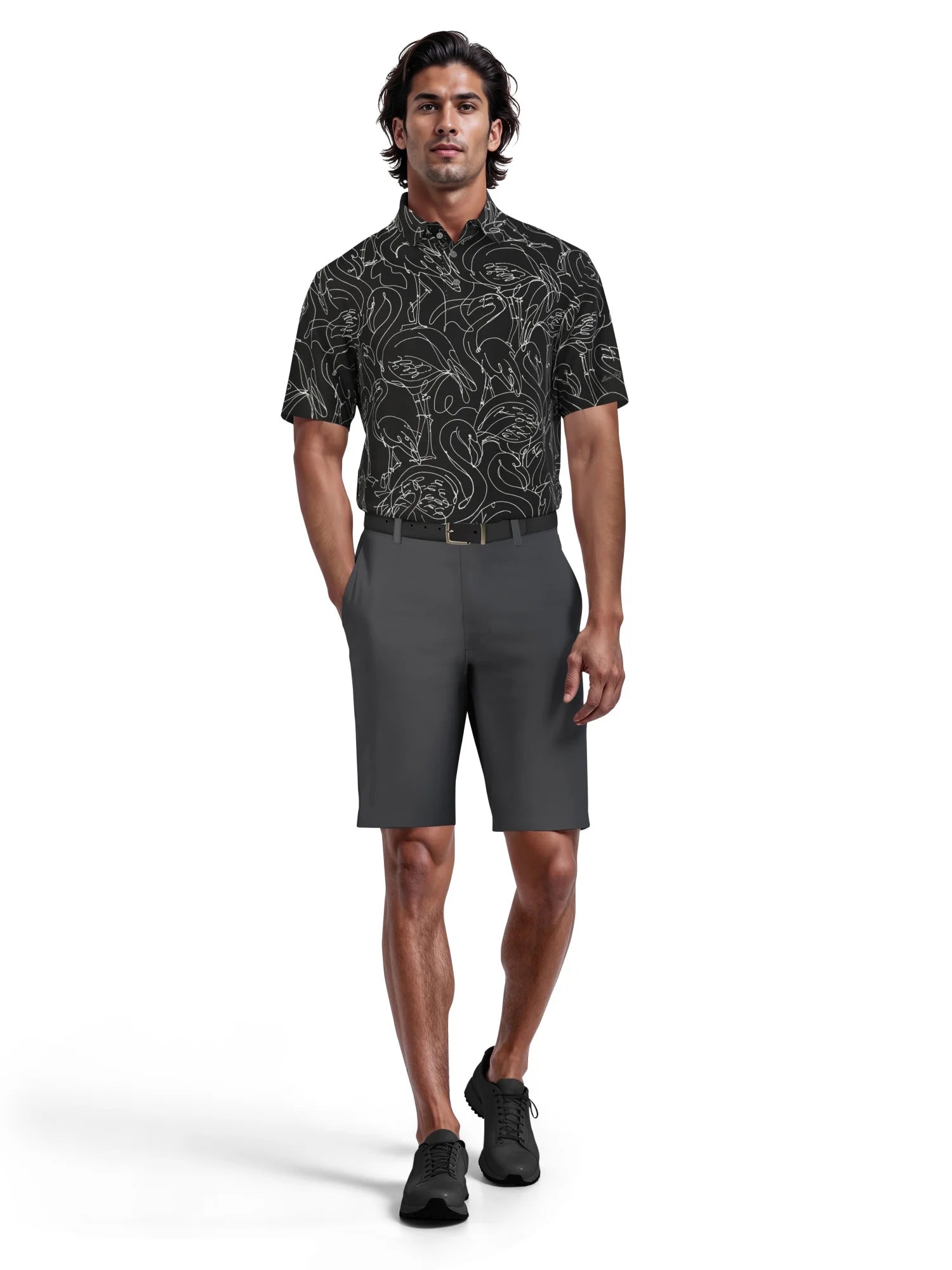 Men's  Linear Flamingo Print Short Sleeve Golf Polo Shirt
