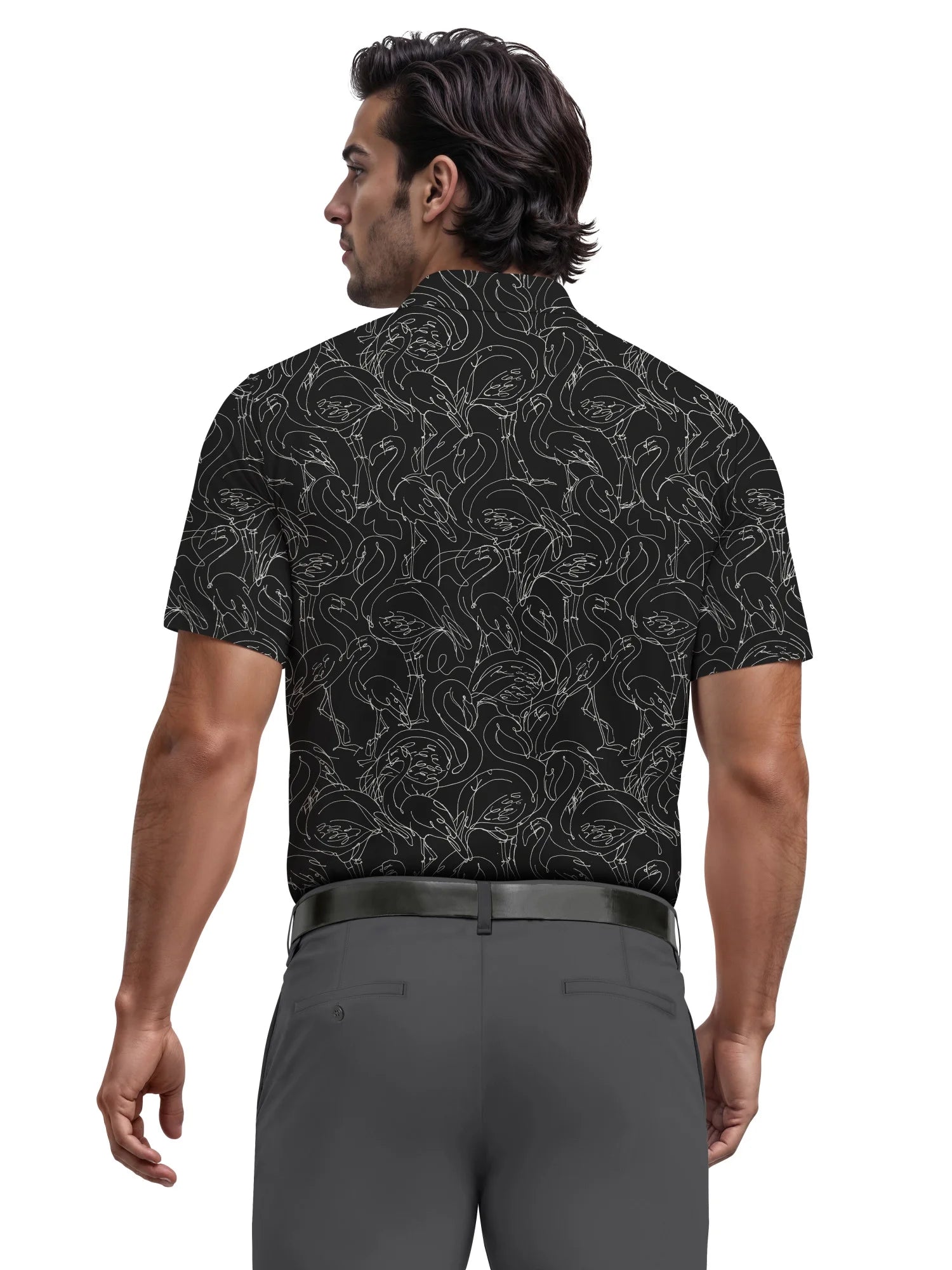 Men's  Linear Flamingo Print Short Sleeve Golf Polo Shirt