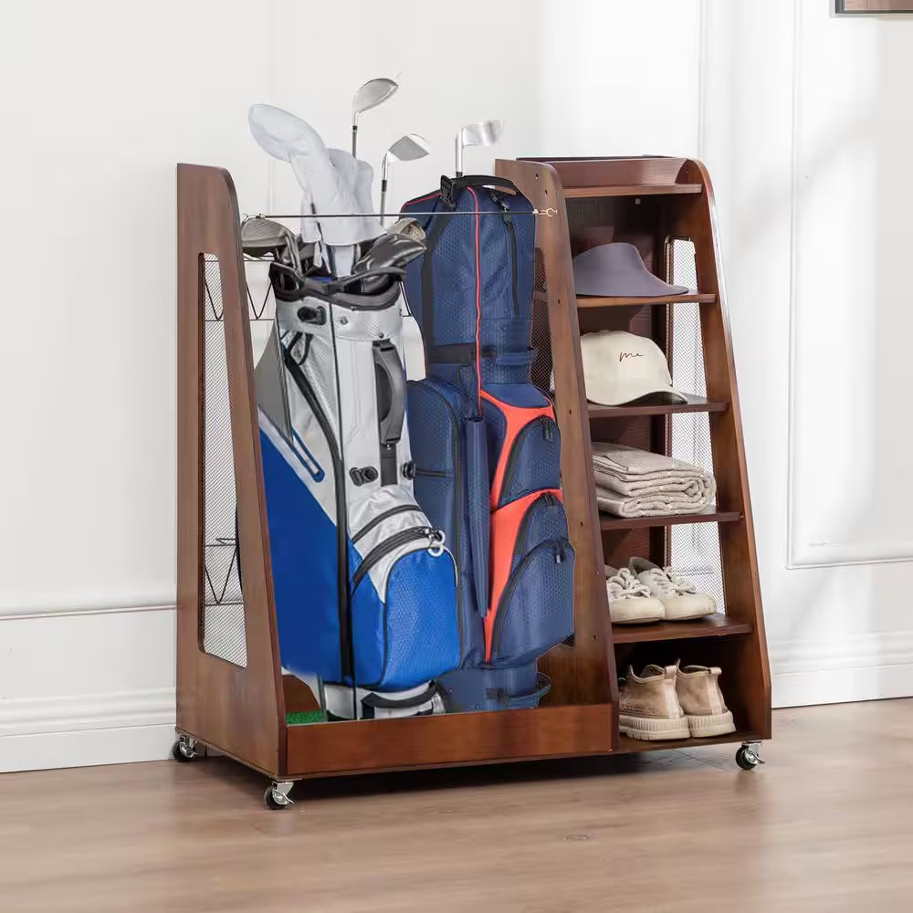 Odette Premium Brown Wood 2-Golf Bag Storage Organizer